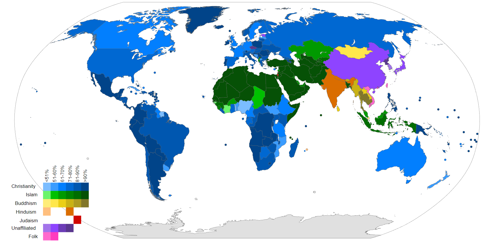 This map shows the religion or lack-thereof practiced by the majority of persons in each country according to the Pew Research Center's 2010 study The Future of World Religions: Population Growth Projections, 2010-2050.